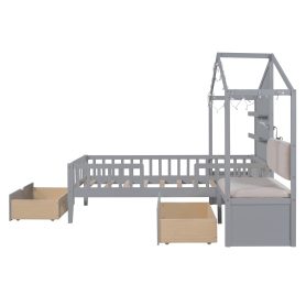 Twin Size House Bed With Upholstered Sofa, Charging Station, Shelves And Two Drawers