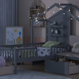 Twin Size House Bed With Upholstered Sofa, Charging Station, Shelves And Two Drawers