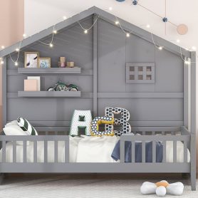 Twin Size House Bed With Shelves, Window And Sparkling Light Strip On The Roof 27 Twin Size House Bed With Shelves, Window And Sparkling Light Strip On The Roof