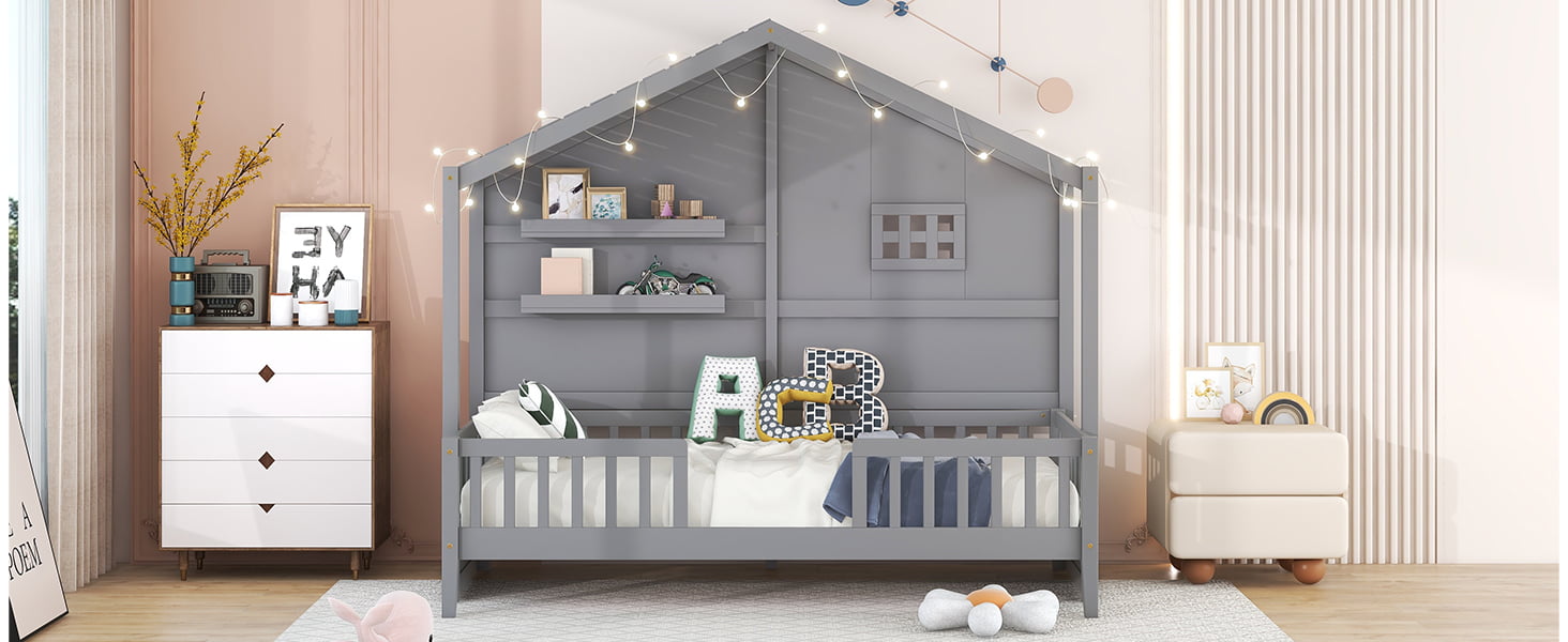 Twin Size House Bed With Shelves, Window And Sparkling Light Strip On The Roof 15 Twin Size House Bed With Shelves, Window And Sparkling Light Strip On The Roof