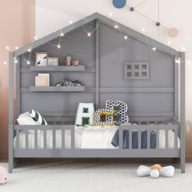 Twin Size House Bed With Shelves, Window And Sparkling Light Strip On The Roof