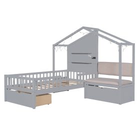 Twin Size House Bed With Upholstered Sofa, Charging Station, Shelves And Two Drawers