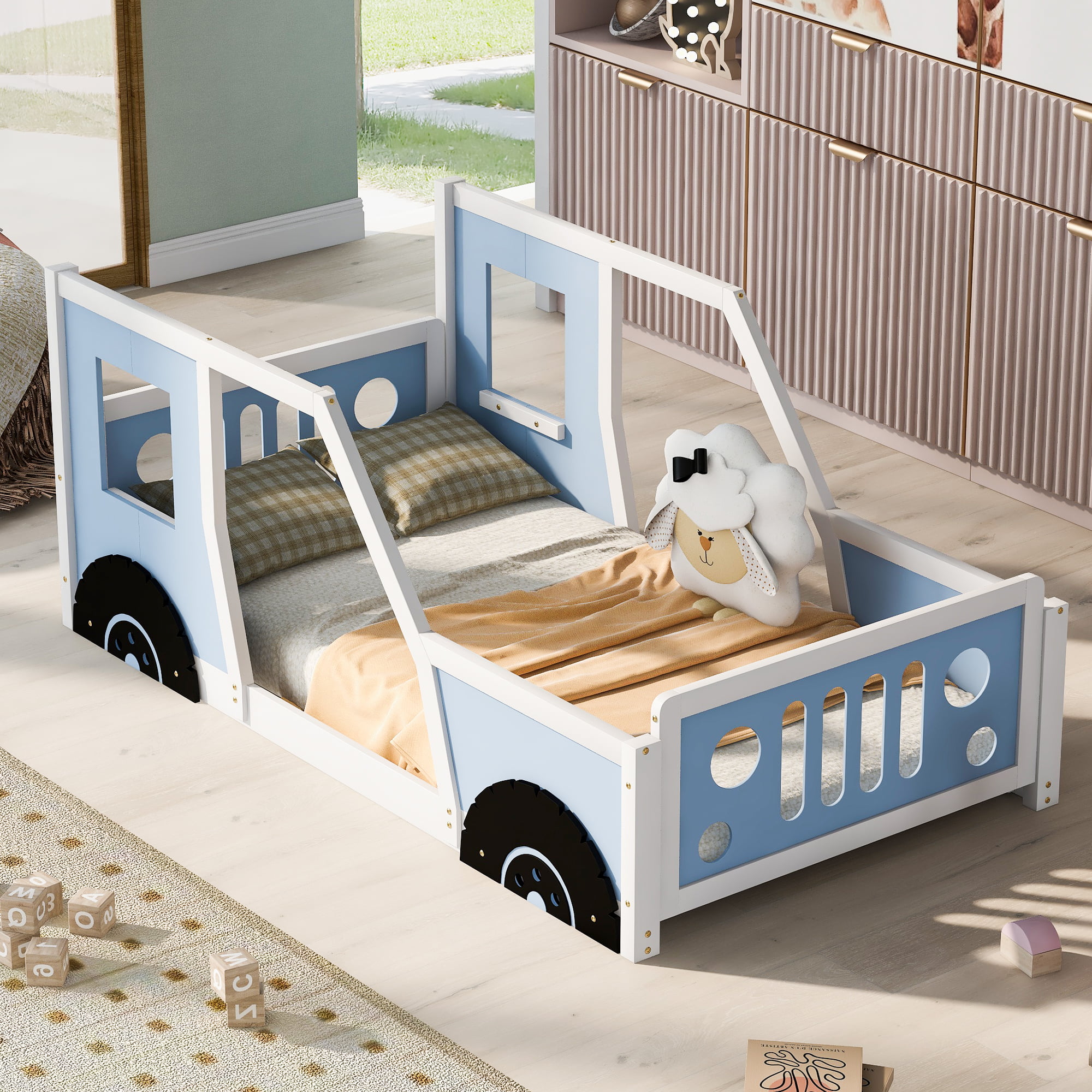 Twin Size Classic Car-Shaped Platform Bed with Wheels