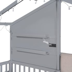 Twin Size House Bed With Upholstered Sofa, Charging Station, Shelves And Two Drawers