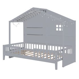 Twin Size House Bed With Shelves, Window And Sparkling Light Strip On The Roof 19 Twin Size House Bed With Shelves, Window And Sparkling Light Strip On The Roof