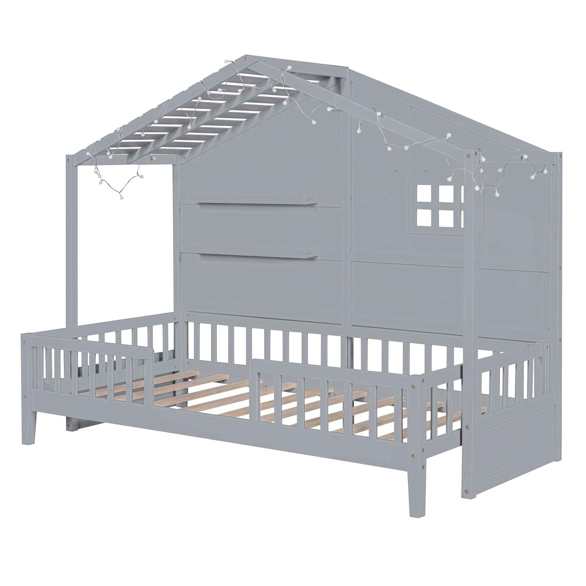 Twin Size House Bed With Shelves, Window And Sparkling Light Strip On The Roof 7 Twin Size House Bed With Shelves, Window And Sparkling Light Strip On The Roof