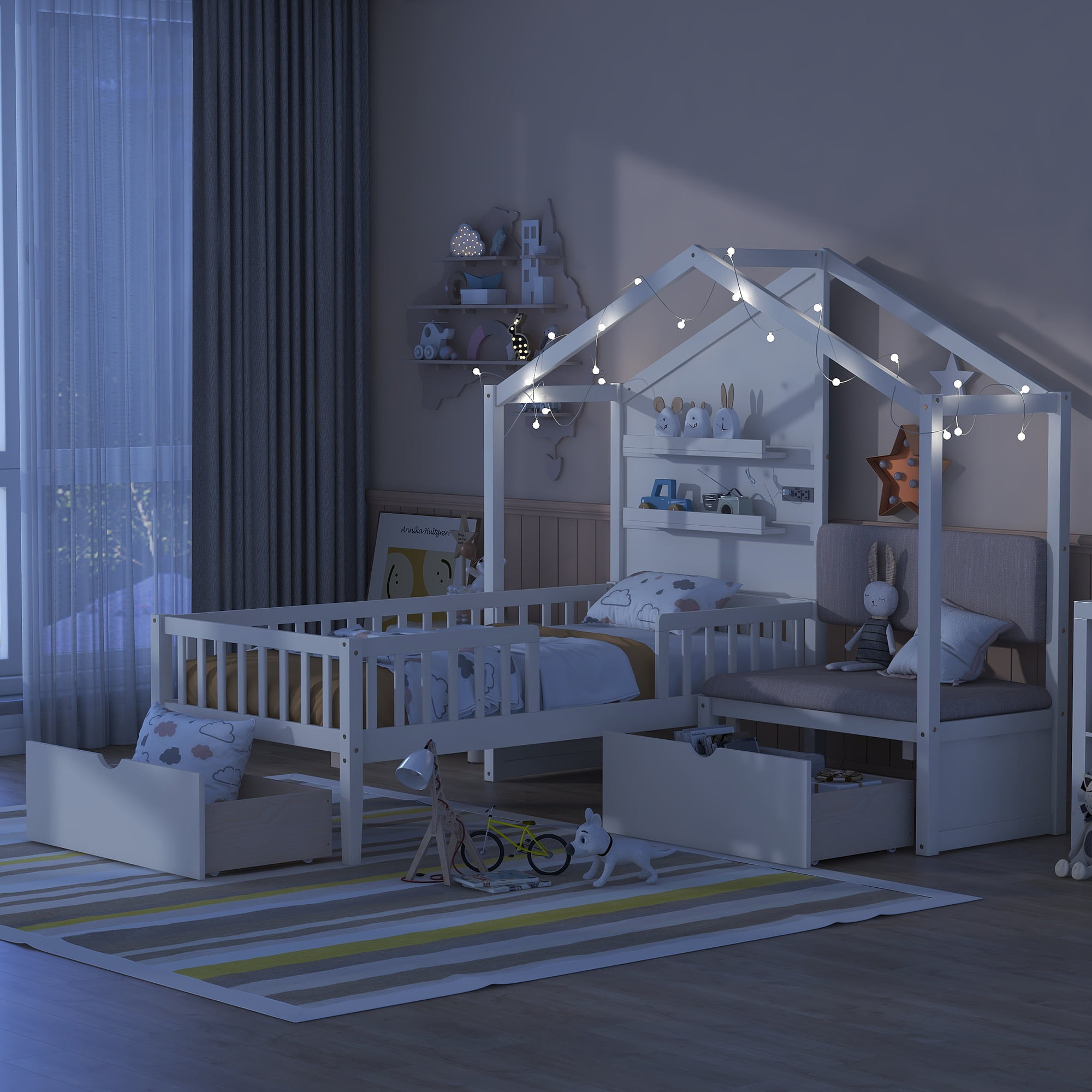 Assembly Instruction For LP000521AAK 4 Twin Size House Bed With Upholstered Sofa, Charging Station, Shelves And Two Drawers