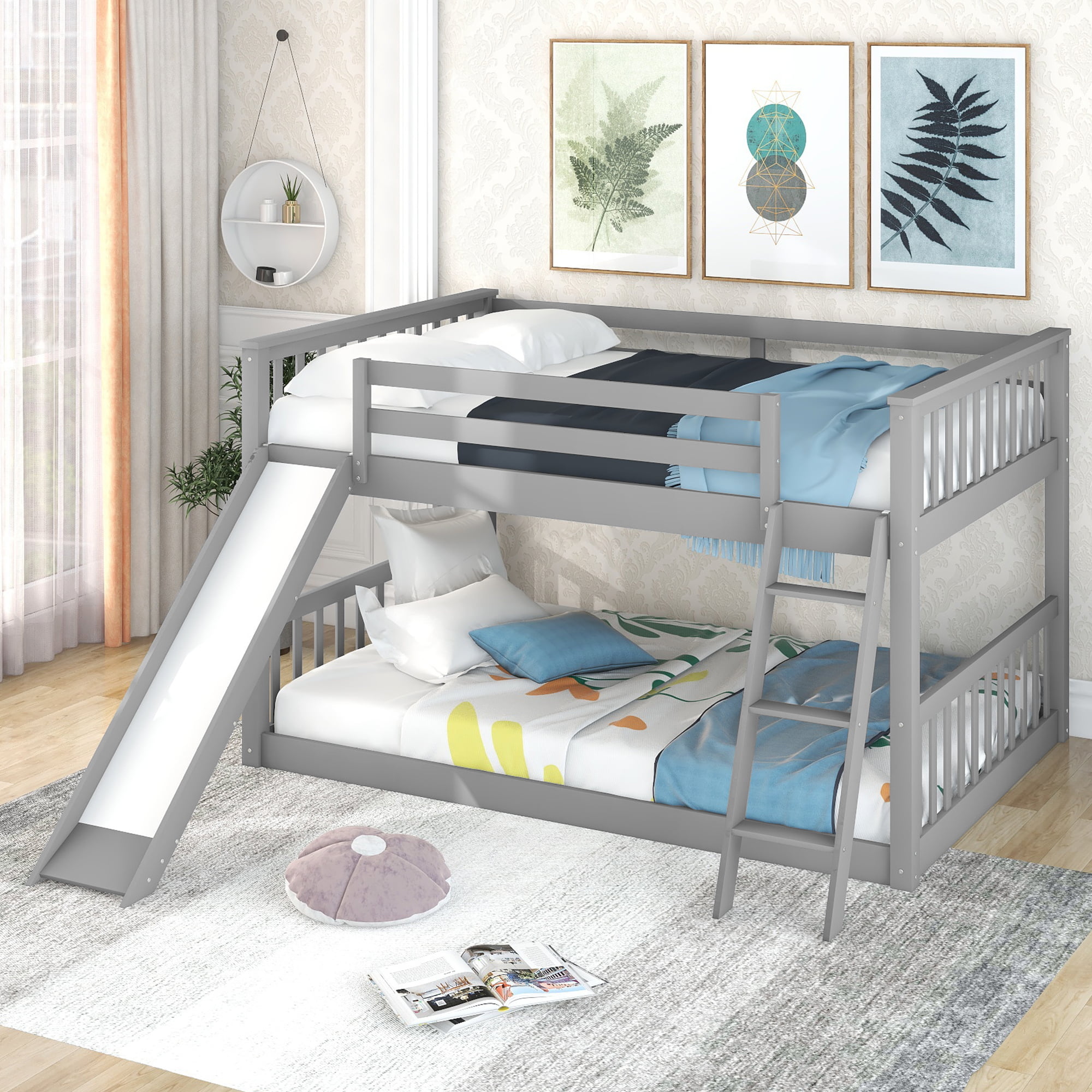 Wooden Full over Full Bunk Bed with Convertible Slide and Ladder