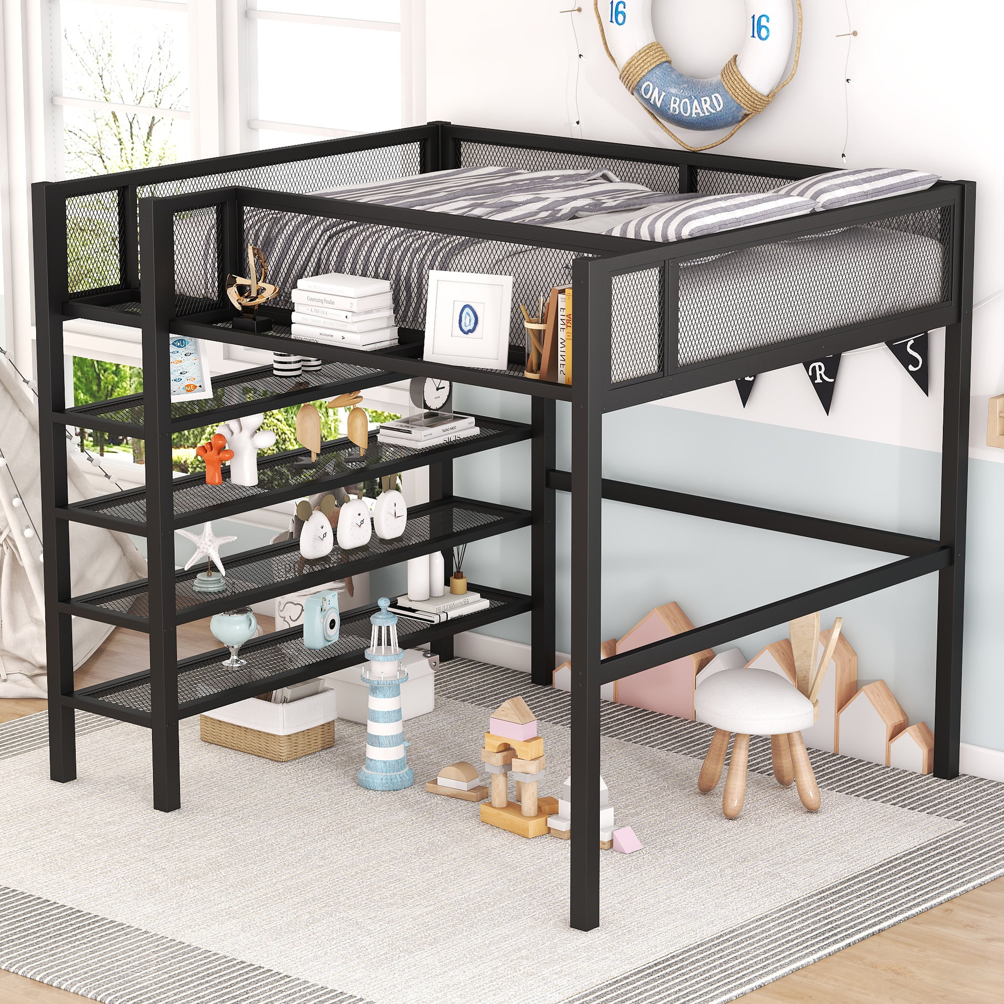 Full Size Metal Loft Bed With 4-Tier Shelves And Storage