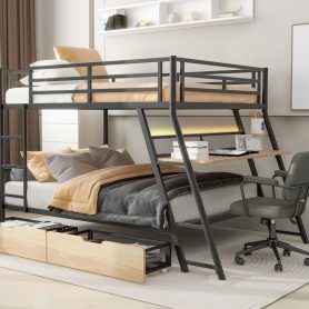 Full Size Metal Bunk Bed with Built-in Desk, Light and 2 Drawers