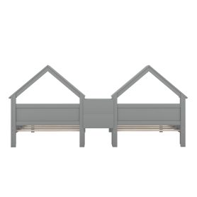 Double Twin Size Platform Bed with House-shaped Headboard and a Built-in Nightstand