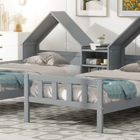 Double Twin Size Platform Bed with House-shaped Headboard and a Built-in Nightstand
