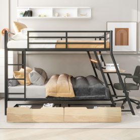 Full Size Metal Bunk Bed with Built-in Desk, Light and 2 Drawers