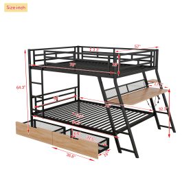 Full Size Metal Bunk Bed with Built-in Desk, Light and 2 Drawers