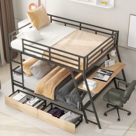 Full Size Metal Bunk Bed with Built-in Desk, Light and 2 Drawers