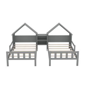 Double Twin Size Platform Bed with House-shaped Headboard and a Built-in Nightstand