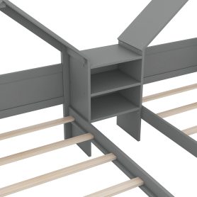 Double Twin Size Platform Bed with House-shaped Headboard and a Built-in Nightstand