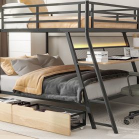 Full Size Metal Bunk Bed with Built-in Desk, Light and 2 Drawers