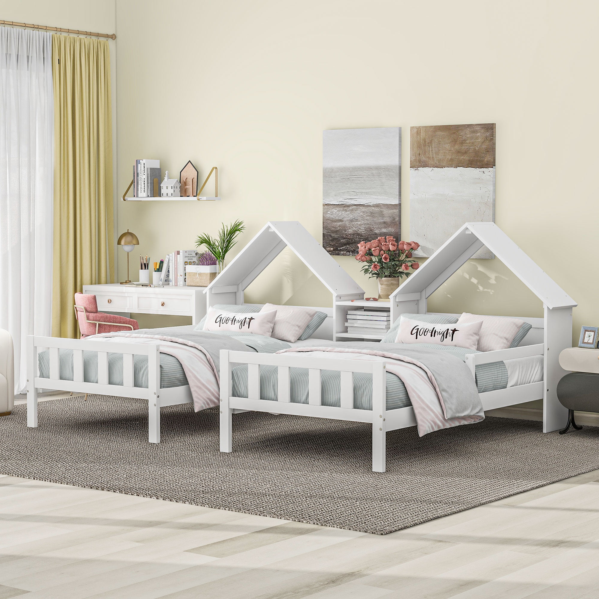 Double Twin Size Platform Bed with House-shaped Headboard and a Built-in Nightstand