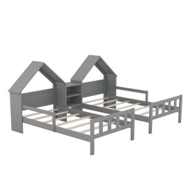 Double Twin Size Platform Bed with House-shaped Headboard and a Built-in Nightstand