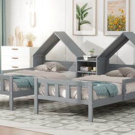 Double Twin Size Platform Bed with House-shaped Headboard and a Built-in Nightstand