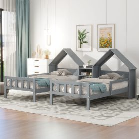 Double Twin Size Platform Bed with House-shaped Headboard and a Built-in Nightstand