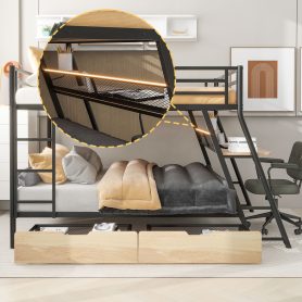 Full Size Metal Bunk Bed with Built-in Desk, Light and 2 Drawers
