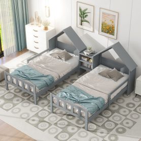 Double Twin Size Platform Bed with House-shaped Headboard and a Built-in Nightstand