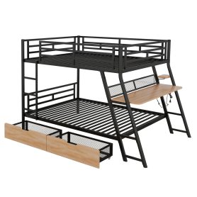 Full Size Metal Bunk Bed with Built-in Desk, Light and 2 Drawers