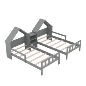 Double Twin Size Platform Bed with House-shaped Headboard and a Built-in Nightstand