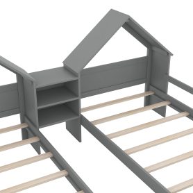 Double Twin Size Platform Bed with House-shaped Headboard and a Built-in Nightstand