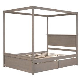 Full Size Wood Canopy Bed With Four Drawers