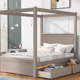 Full Size Wood Canopy Bed With Four Drawers