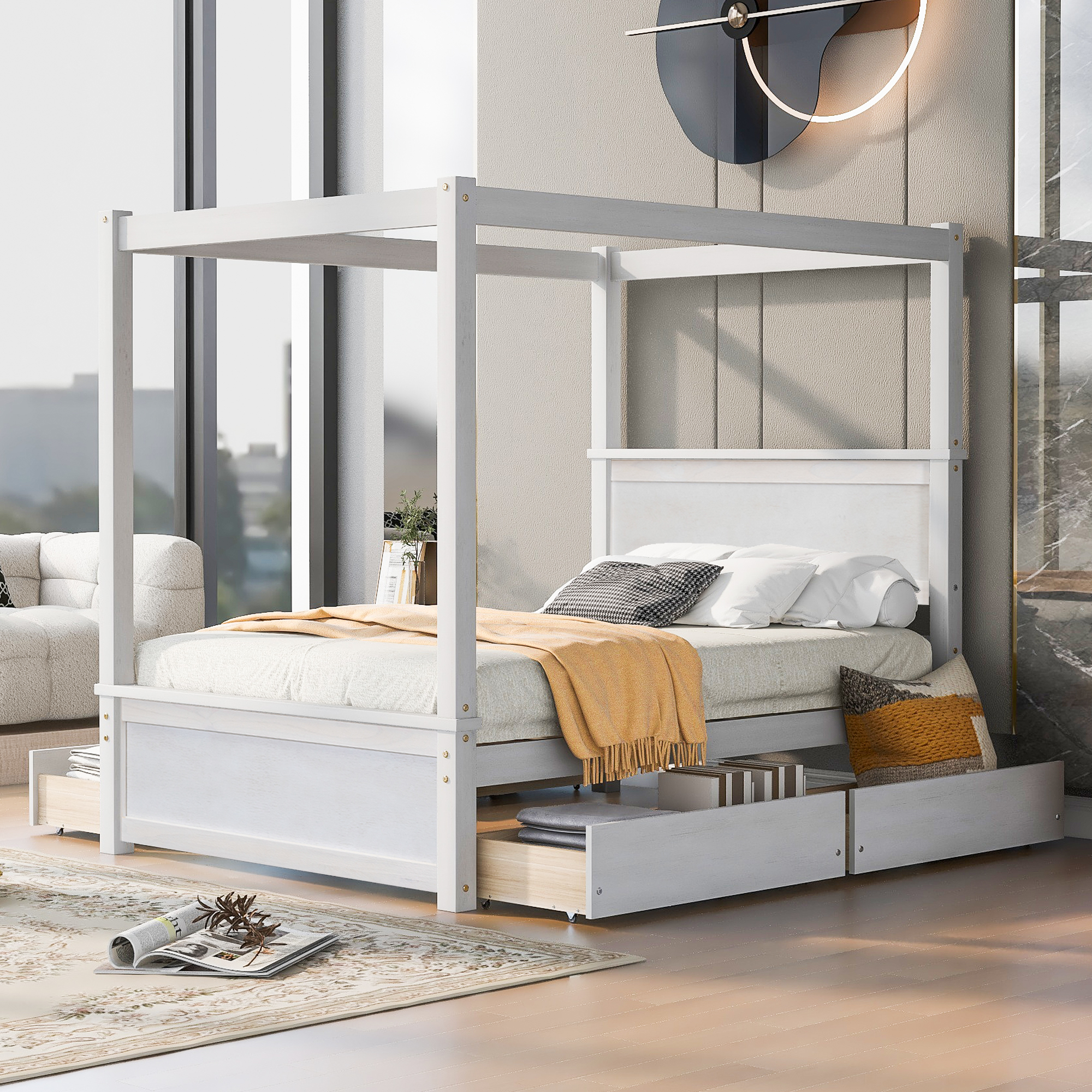 Full Size Wood Canopy Bed With Four Drawers