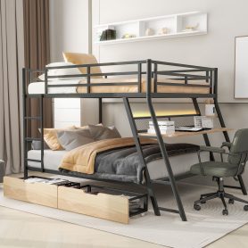 Full Size Metal Bunk Bed with Built-in Desk, Light and 2 Drawers