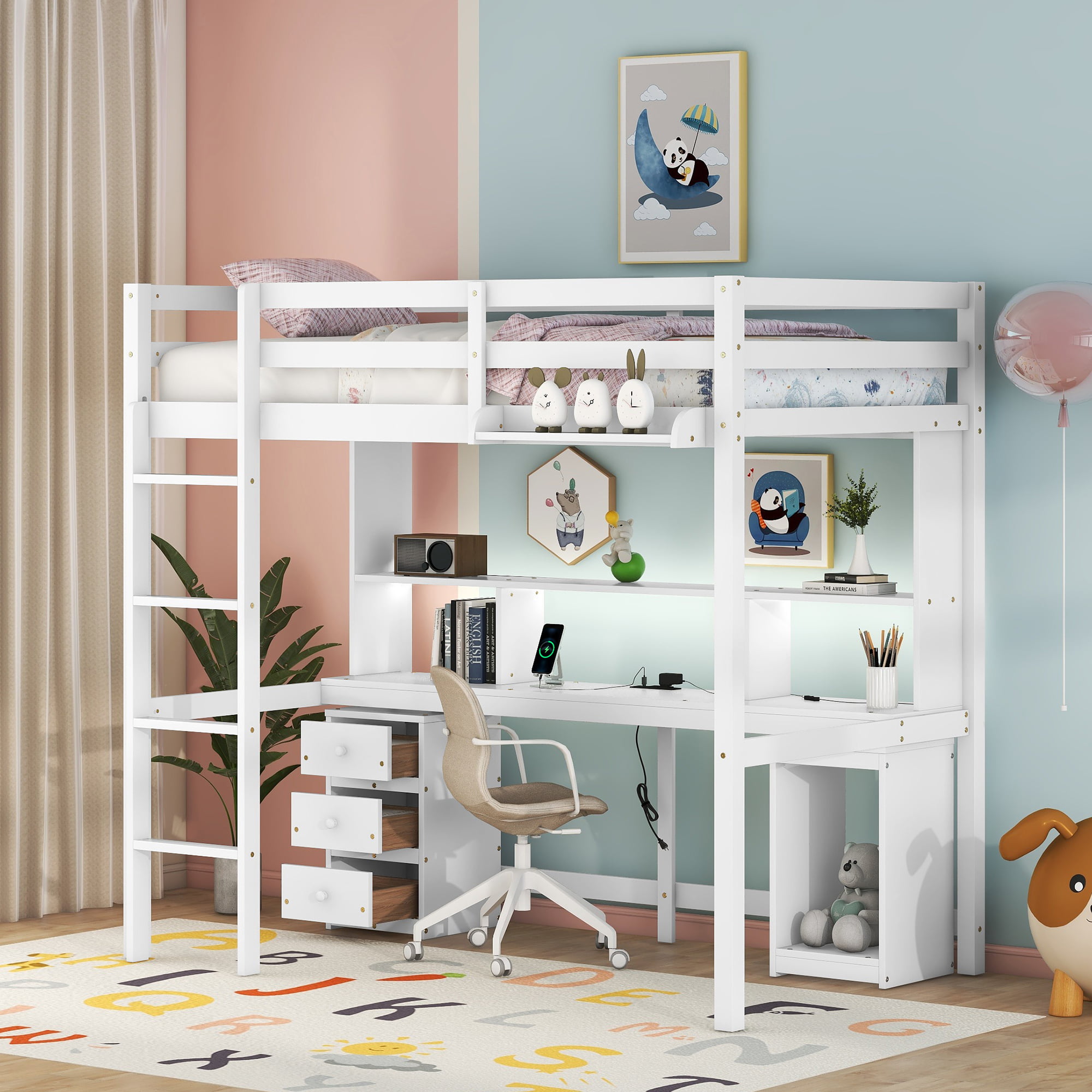 Twin Size Loft Bed With Multi-Storage Desk, LED Light, Bedside Tray And Charging Station