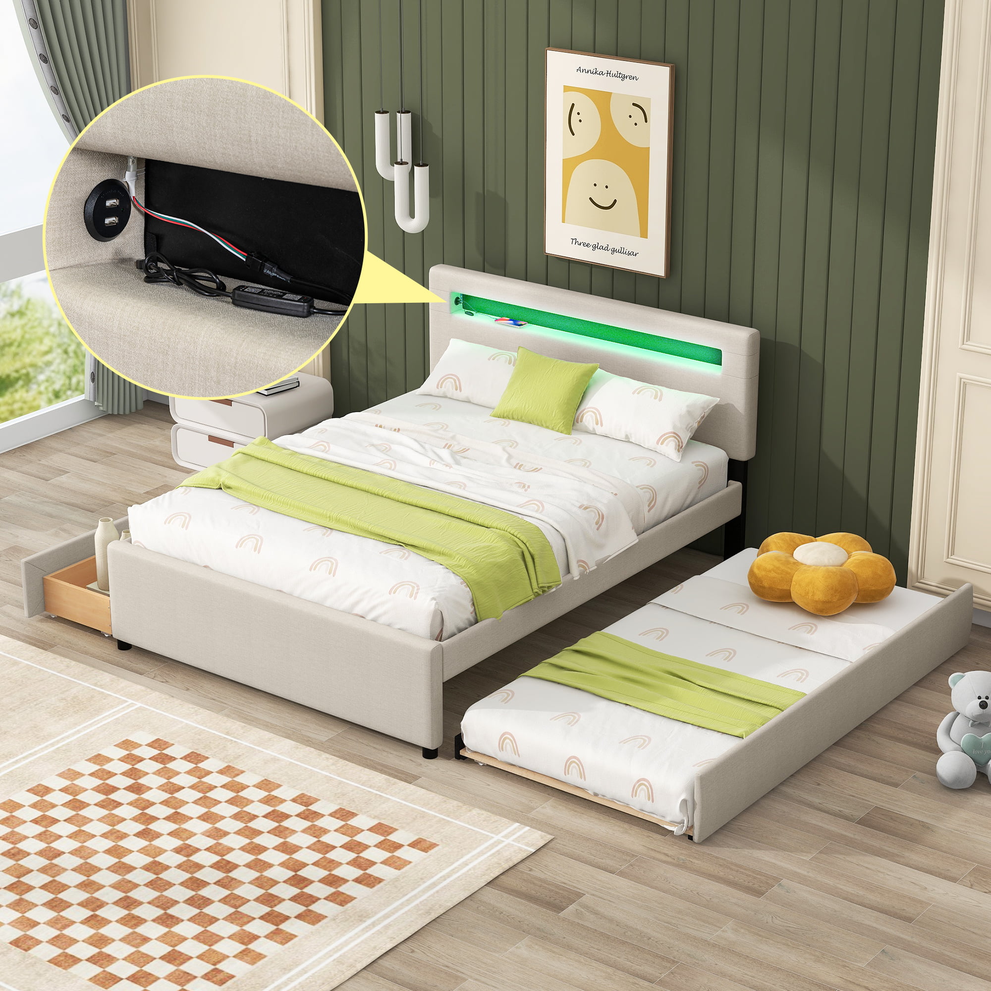 Queen Size Upholstered Storage Platform Bed With Twin Size Trundle, 2 Drawers, LED And USB Charging