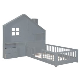 Twin Size House Bed With Window And Bedside Drawers