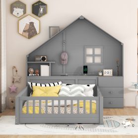 Full Size House Bed with Window and Bedside Drawers