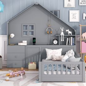 Twin Size House Bed With Window And Bedside Drawers