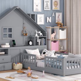 Twin Size House Bed With Window And Bedside Drawers