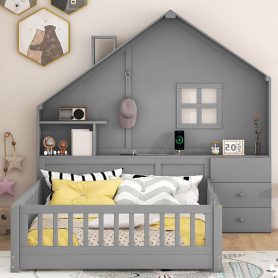 Full Size House Bed with Window and Bedside Drawers