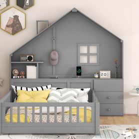 Full Size House Bed with Window and Bedside Drawers