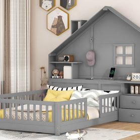 Full Size House Bed with Window and Bedside Drawers