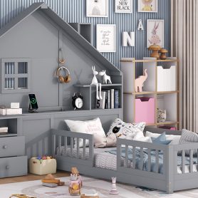 Twin Size House Bed With Window And Bedside Drawers