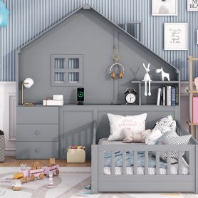 Twin Size House Bed With Window And Bedside Drawers