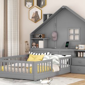 Full Size House Bed with Window and Bedside Drawers