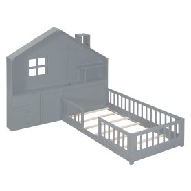 Full Size House Bed with Window and Bedside Drawers