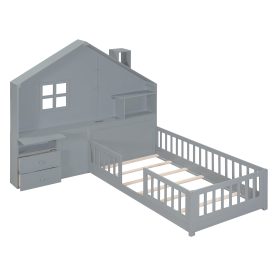 Twin Size House Bed With Window And Bedside Drawers