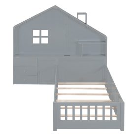 Twin Size House Bed With Window And Bedside Drawers